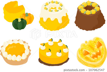 Icons of sweet and fluffy pumpkin sweets such as chiffon cakes, tarts, rare cheesecakes, and pies. Icons of sweet and fluffy pumpkin sweets such as chiffon cakes, tarts, rare cheesecakes, and pies. 107062547