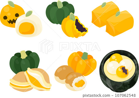 大福、練切、羊羹、銅鑼燒、紅豆麵包和白玉等香甜蓬鬆的南瓜甜點的標誌。 107062548