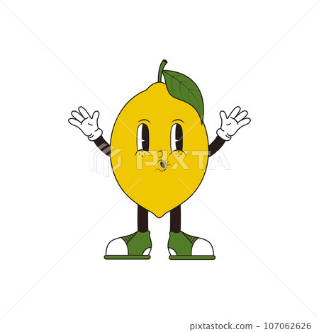 Retro character lemon in trendy groovy 70s style. Vector illustration Retro character lemon in trendy groovy 70s style. Vector illustration 107062626