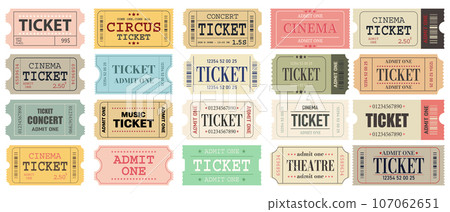Big set of retro tickets template. Ticket for cinema, movie,circus,carnaval,film,festival.Admit one.Vector illustration 107062651
