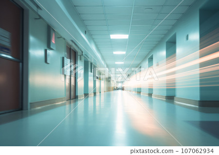 Blurred empty modern hospital corridor background. Abstract blurred clinic hallway interior. Entrance of medical emergency room in hospital. Healthcare and medical center background. Generative AI. 107062934
