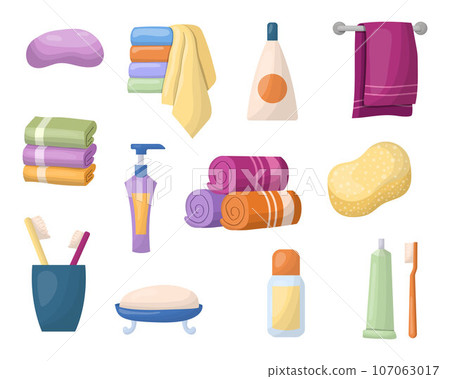 Bathroom accessories, a set of personal hygiene items, vector illustration. Cleaning and body care products, towel. 107063017