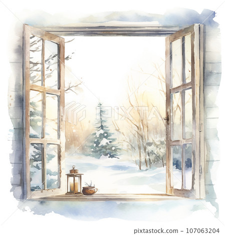 冬天的窗戶水彩插圖AI圖像 107063204