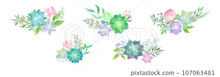 Succulent Plant Floral Composition with Fleshy Flower and Twigs Vector Set 107063481