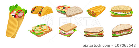 Tasty Sandwich as Bread with Different Stuffings Vector Set 107063548