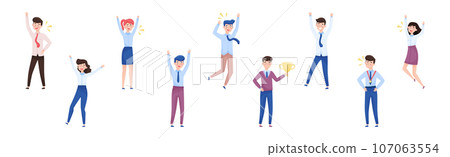 Smiling Man and Woman Office Worker with Golden Cup Enjoying Success and Cheering Vector Set Smiling Man and Woman Office Worker with Golden Cup Enjoying Success and Cheering Vector Set 107063554