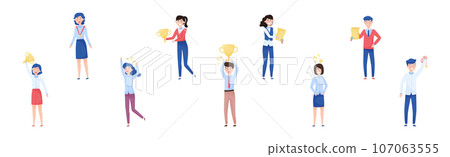 Smiling Man and Woman Office Worker with Golden Cup Enjoying Success and Cheering Vector Set Smiling Man and Woman Office Worker with Golden Cup Enjoying Success and Cheering Vector Set 107063555