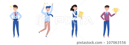 Smiling Man and Woman Office Worker with Golden Cup Enjoying Success and Cheering Vector Set Smiling Man and Woman Office Worker with Golden Cup Enjoying Success and Cheering Vector Set 107063556