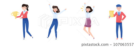 Smiling Man and Woman Office Worker with Golden Cup Enjoying Success and Cheering Vector Set Smiling Man and Woman Office Worker with Golden Cup Enjoying Success and Cheering Vector Set 107063557