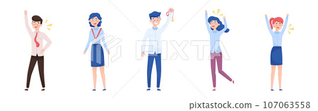 Smiling Man and Woman Office Worker with Golden Medal Enjoying Success and Cheering Vector Set Smiling Man and Woman Office Worker with Golden Medal Enjoying Success and Cheering Vector Set 107063558