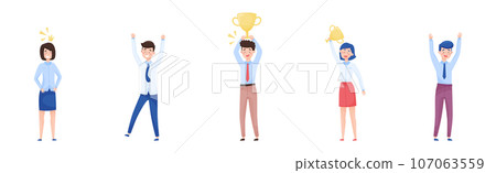 Smiling Man and Woman Office Worker with Golden Cup Enjoying Success and Cheering Vector Set Smiling Man and Woman Office Worker with Golden Cup Enjoying Success and Cheering Vector Set 107063559