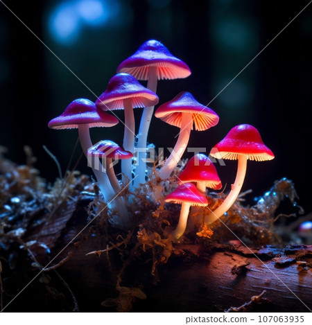 Glowing mushrooms growing on a mossy stump in the dark evening. Glowing mushrooms growing on a mossy stump in the dark evening. 107063935