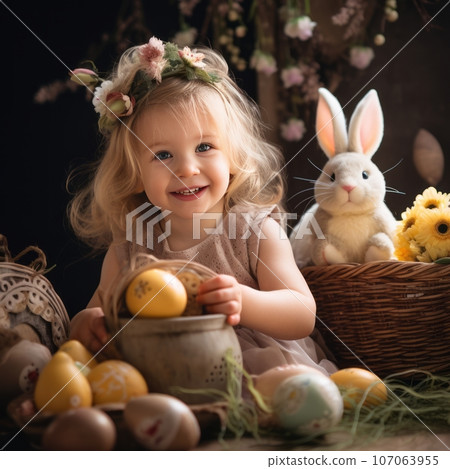 A cheerful 4-year-old girl sits on the floor with an Easter bunny toy and a basket of Easter eggs next to her. She smiles. 107063955