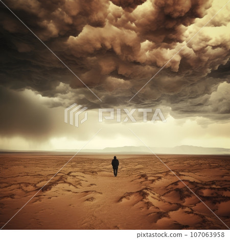Solitary figure of a dark person in a desert with menacing clouds, searching for oneself, faith, and one's own path. 107063958