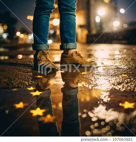 Teenager's legs near a puddle reflecting stars, lights of lanterns. Festive atmosphere, New Year's mood - no faces. Teenager's legs near a puddle reflecting stars, lights of lanterns. Festive atmosphere, New Year's mood - no faces. 107063981