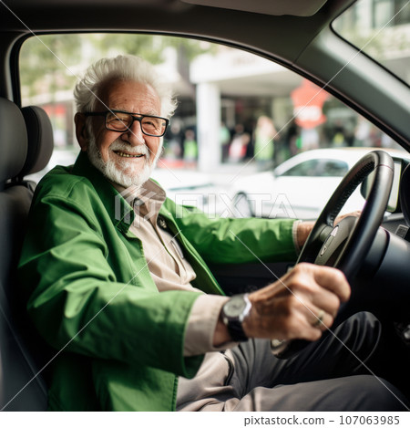 Smiling man in glasses, aged 72-77, driving a car, looking at the camera. 107063985