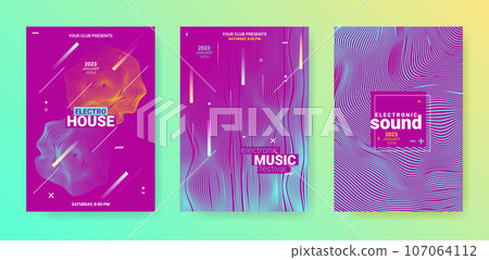 Dance Music Flyer Set. Electronic Party Poster. Abstract 3d Dance Music Flyer Set. Electronic Party Poster. Abstract 3d 107064112
