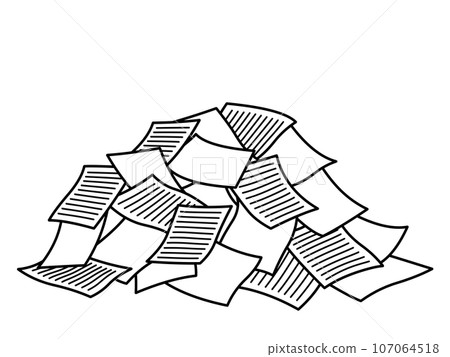 Illustration of a pile of messy documents with ruled lines 107064518