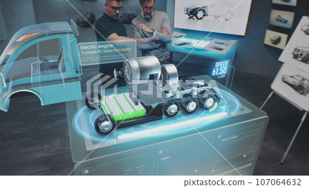 3D holographic model of modern truck developing 3D holographic model of modern truck developing 107064632