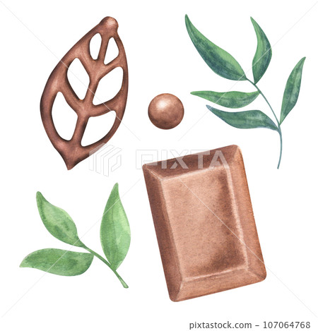 Piece milk chocolate square, ball. Decor for sweets. Green leaves, mint. Food clipart. Hand drawn watercolor illustration isolated on white background. For logo cafe menu pastry shop 107064768