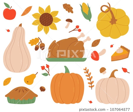Thanksgiving Day icons set. Turkey, pumpkins, pie and other holiday symbols. 107064877