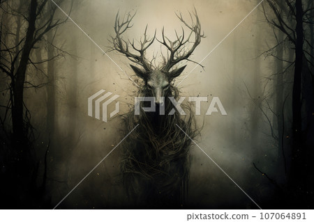 Image of a deer demon in the forest with a frightening atmosphere. Wildlife Animals. Illustration, Generative AI. Image of a deer demon in the forest with a frightening atmosphere. Wildlife Animals. Illustration, Generative AI. 107064891