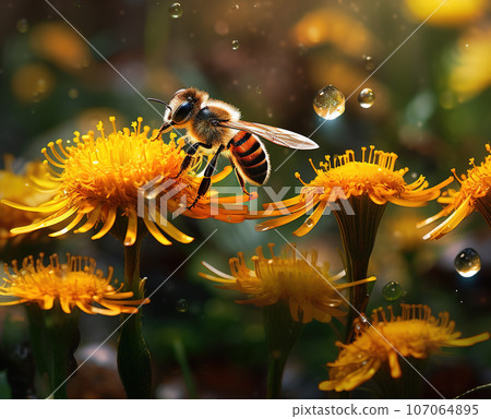 Image of bees are sucking nectar from flower pollen. Insect. Illustration, Generative AI. Image of bees are sucking nectar from flower pollen. Insect. Illustration, Generative AI. 107064895