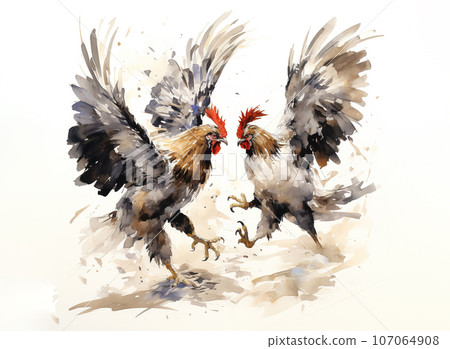 Watercolor painting of two bantams are hitting each other on white background. Wildlife Animals. Illustration, Generative AI. 107064908