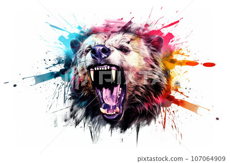 Image of colorful bear is very angry on white background. Wildlife Animals. Illustration, Generative AI. 107064909