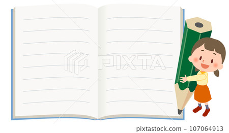 Elementary school girl holding a notebook and pencil 107064913