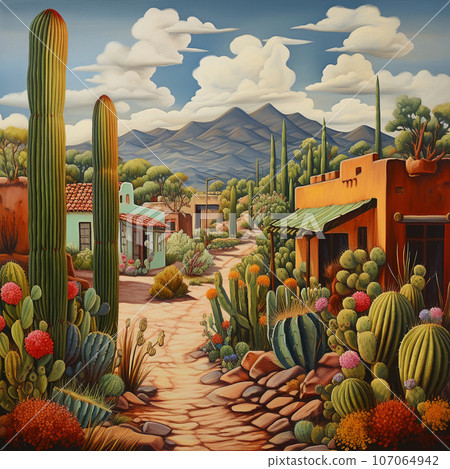 house architecture of a magical town Mexico, orange wall with green cactus 107064942