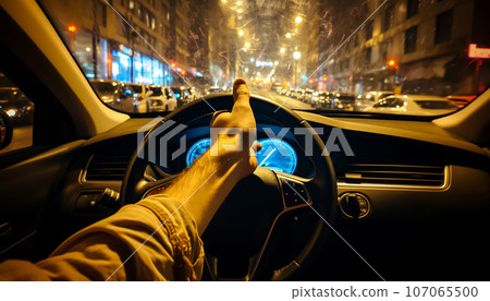 Man's hands tightly grip the steering wheel. Ai-generated  107065500