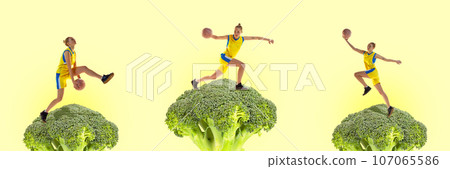 Young girl, basketball player in motion on green broccoli over yellow background. Contemporary art collage. Young girl, basketball player in motion on green broccoli over yellow background. Contemporary art collage. 107065586
