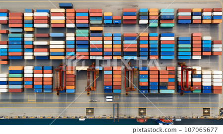 ISO cargo container top view. Shipping global transport delivery harbor box. Dock storage port sea vessel illustration ISO cargo container top view. Shipping global transport delivery harbor box. Dock storage port sea vessel illustration 107065677