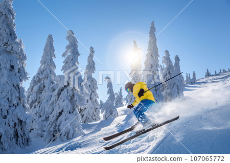 Skier skiing downhill in high mountains against the fairytale winter forest. 107065772