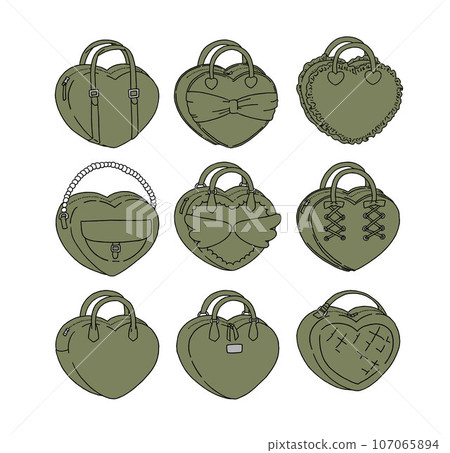 Illustration set of olive heart-shaped bags Illustration set of olive heart-shaped bags 107065894