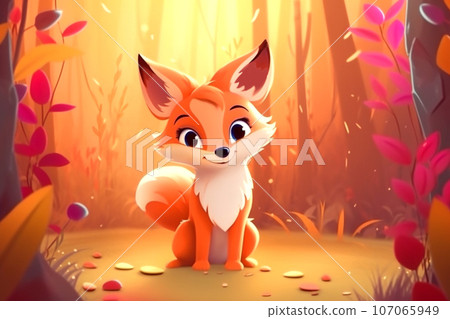 Funny cartoon little fox on an autumn forest edge. Joyful sunny atmosphere. Children's goods design 107065949