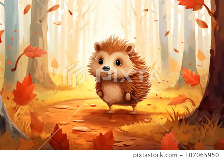 Funny cartoon hedgehog on autumn forest edge. Joyful sunny atmosphere. Children's goods design 107065950