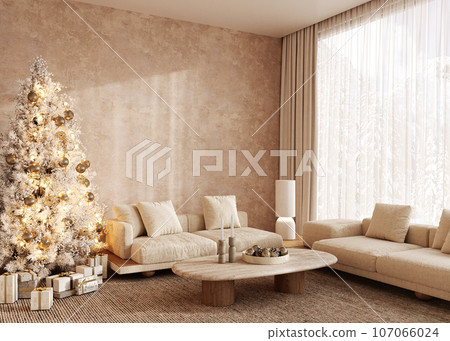 Boho beige livingroom with decorated Christmas tree and gift background. Modern nature window view. 3d rendering mock up stucco wall. High quality 3d illustration 107066024