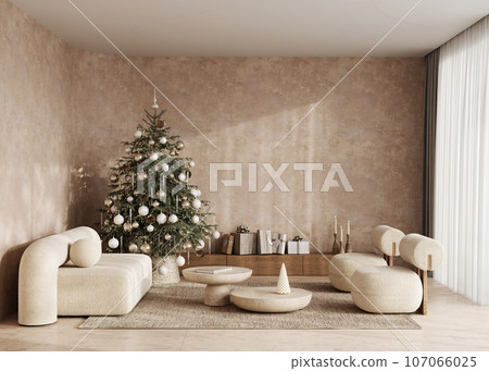 Boho beige livingroom with decorated Christmas tree and gift background. Modern nature window view. 3d rendering mock up stucco wall. High quality 3d illustration 107066025