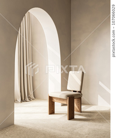 Conceptual interior studio room with arch window and sun. Creative composition wood chair. Mockup empty background. 3d rendering. High quality 3d illustration 107066029
