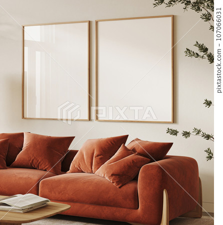 Bright colorful orange livingroom with books and 2 picture frame background. Light modern japanese nature view. 3d rendering mock up. High quality 3d illustration Bright colorful orange livingroom with books and 2 picture frame background. Light modern japanese nature view. 3d rendering mock up. High quality 3d illustration 107066031
