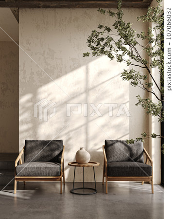 Boho beige livingroom with 2 armchairs, tree and windows background. Light modern japanese nature view. 3d rendering mock up. High quality 3d illustration 107066032