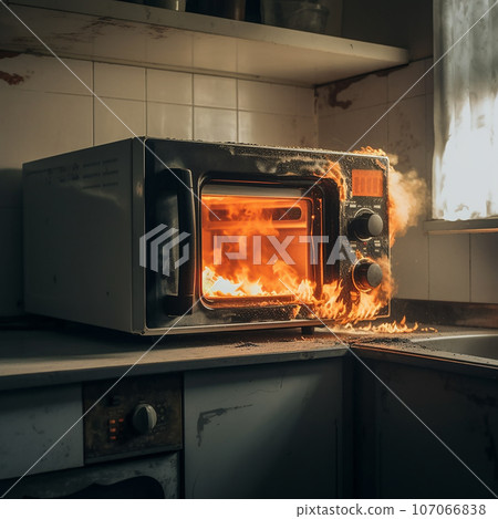 Burning microwave oven close-up, fire in the kitchen, disaster, emergency, insured event 107066838