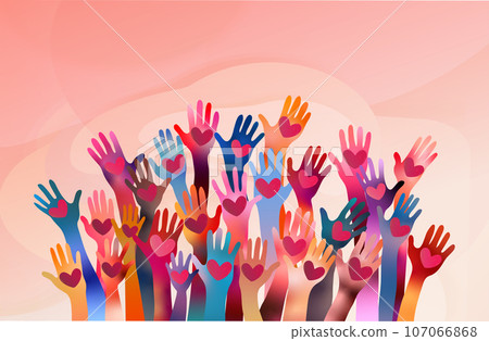 Raised hands of volunteer people holding a heart. People diversity. Charitable donation. Support and assistance. Multicultural community. NGO. Aid. Help. Volunteerism. Teamwork. Banner Raised hands of volunteer people holding a heart. People diversity. Charitable donation. Support and assistance. Multicultural community. NGO. Aid. Help. Volunteerism. Teamwork. Banner 107066868