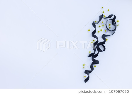 Black ribbon with small camomile flowers. On a white background with a copy space. Black ribbon with small camomile flowers. On a white background with a copy space. 107067050