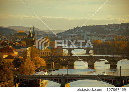landscape with Vltava river and Charles Bridge 107067469