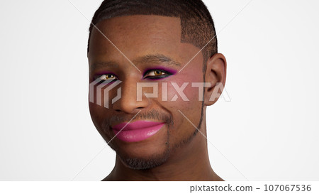 Portrait, gay man isolated on studio background. Happy, gen z aesthetic and lgbt model with beauty and creative non binary and gender neutral design. 3d render 107067536