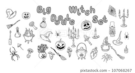 Bif flat hand drawn doodle witchs items set. Outline vector collection for stickers or decoration. Halloween holiday unique design. Black isolated elements on white background. Bif flat hand drawn doodle witchs items set. Outline vector collection for stickers or decoration. Halloween holiday unique design. Black isolated elements on white background. 107068267