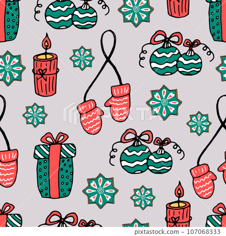 Christmas pattern - gifts, gingerbread cookies, candles, mittens, Christmas balls 107068333